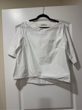 ODEEH Women’s White Boatneck Short Sleeve Poplin Blouse